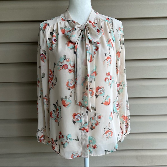 •DR2• Semi-Sheer Lined Floral Bow Tie Blouse - Size Medium - Picture 1 of 10